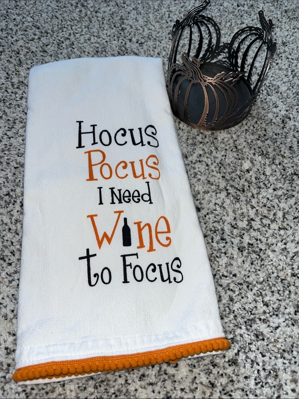 Hocus Pocus kitchen towel and pumpkin candle holder